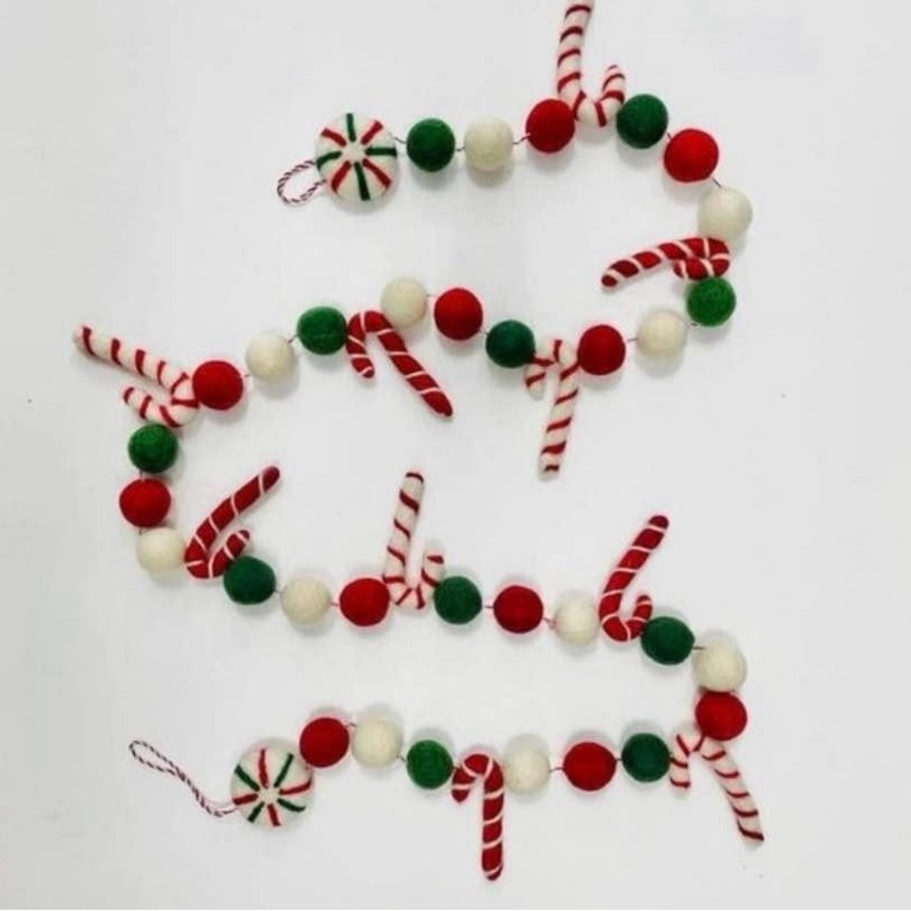 Candy Cane Peppermint Hand Felted Wool Christmas Holiday Garland NWT